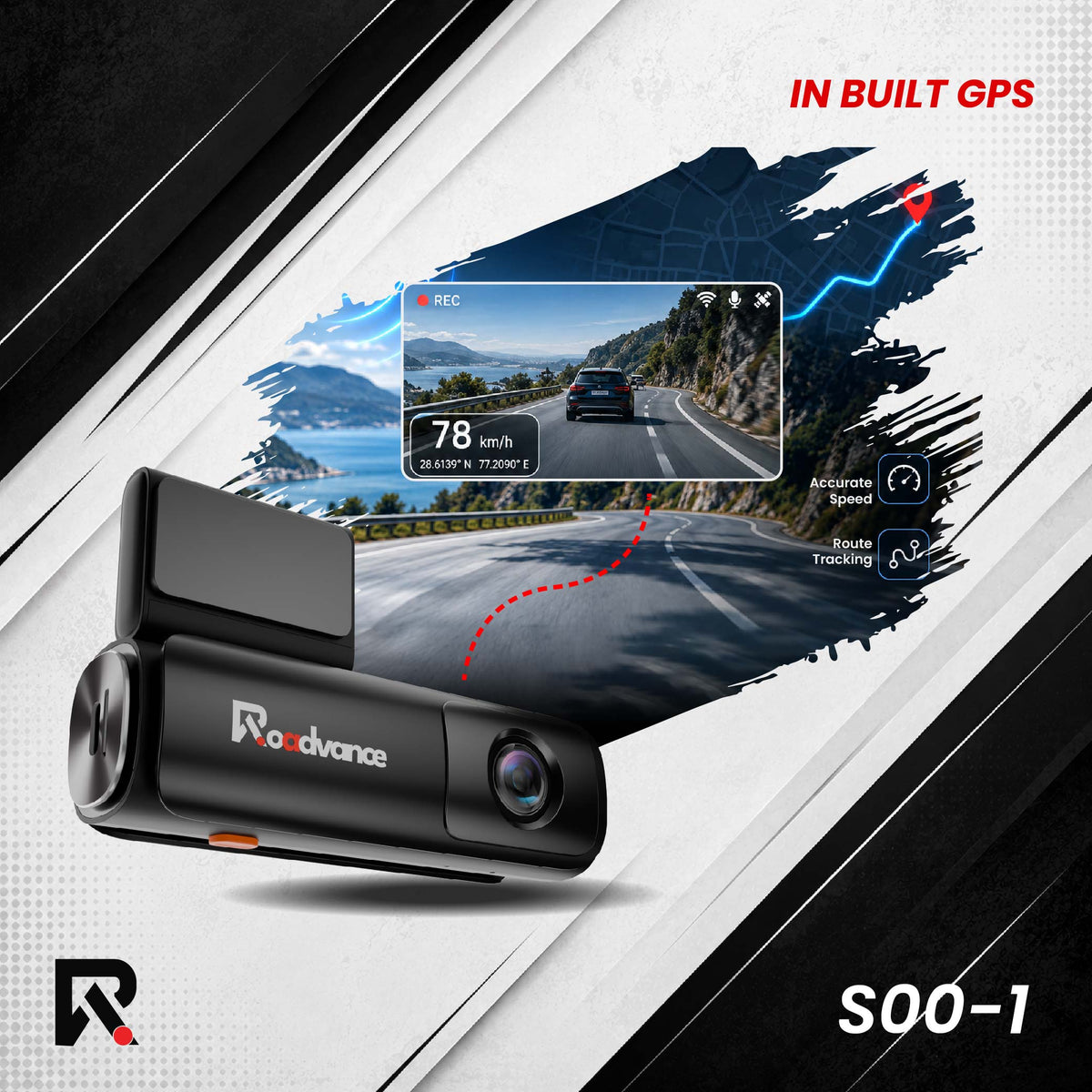 Roadvance S00-1 dashcam with built-in GPS speed and route tracking