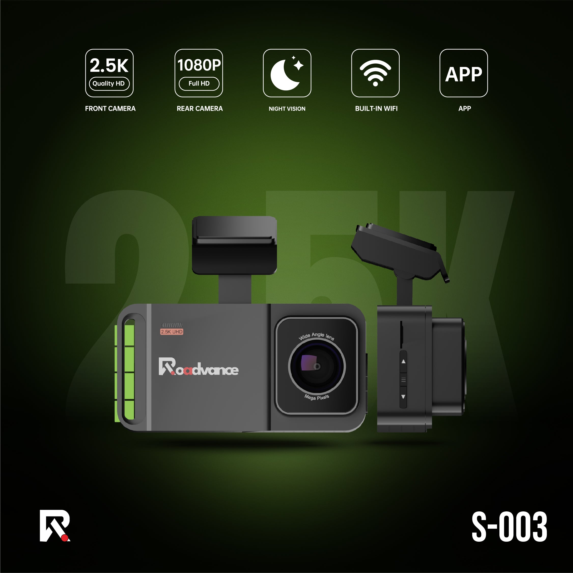 Payday SALE Roadvance S-003 2.5K Dual Channel Dashcam | Front & Rear Recording | Wide Angle Lens | Loop Recording | Night Vision | G-Sensor Free Hardwirekit & External GPS