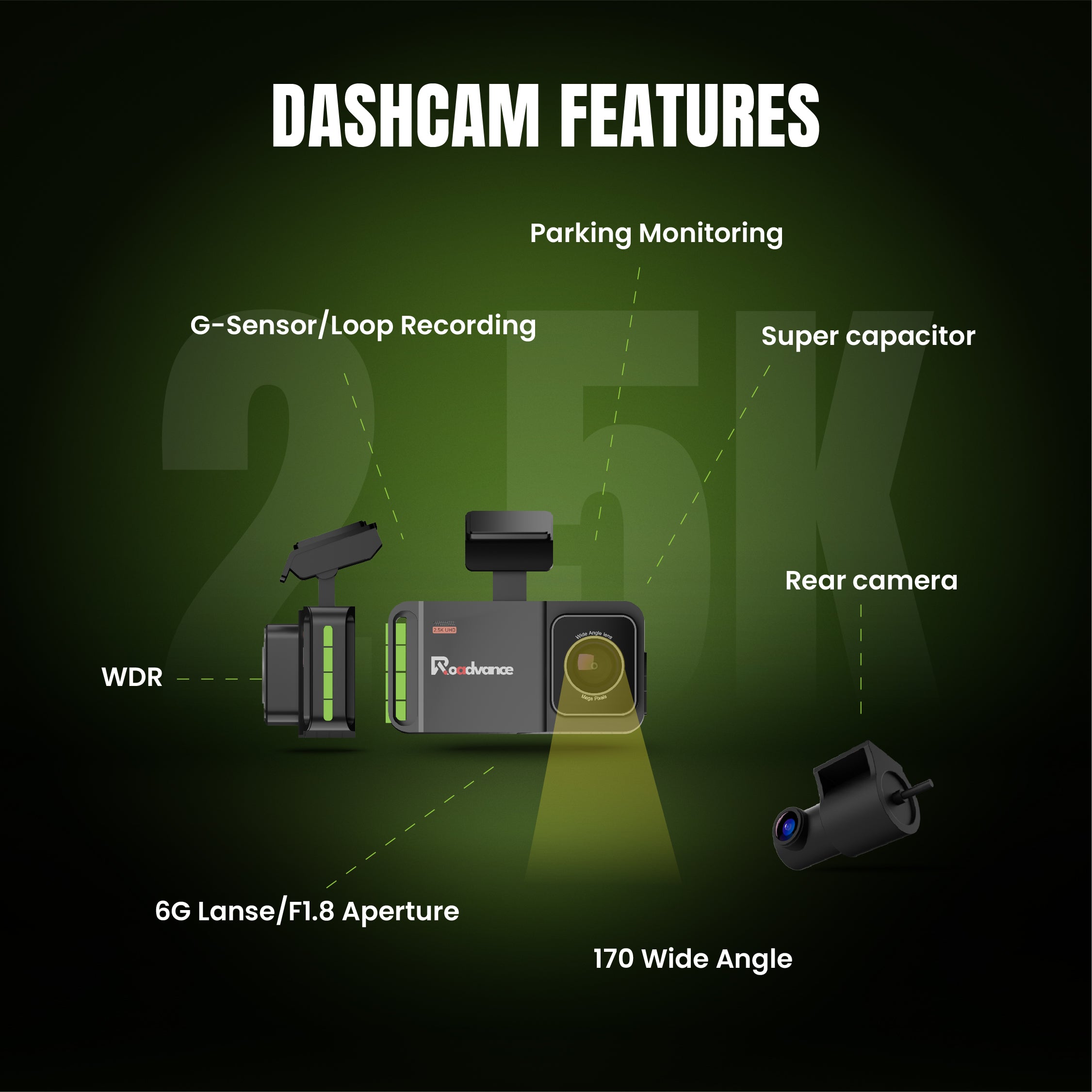 Payday SALE Roadvance S-003 2.5K Dual Channel Dashcam | Front & Rear Recording | Wide Angle Lens | Loop Recording | Night Vision | G-Sensor Free Hardwirekit & External GPS
