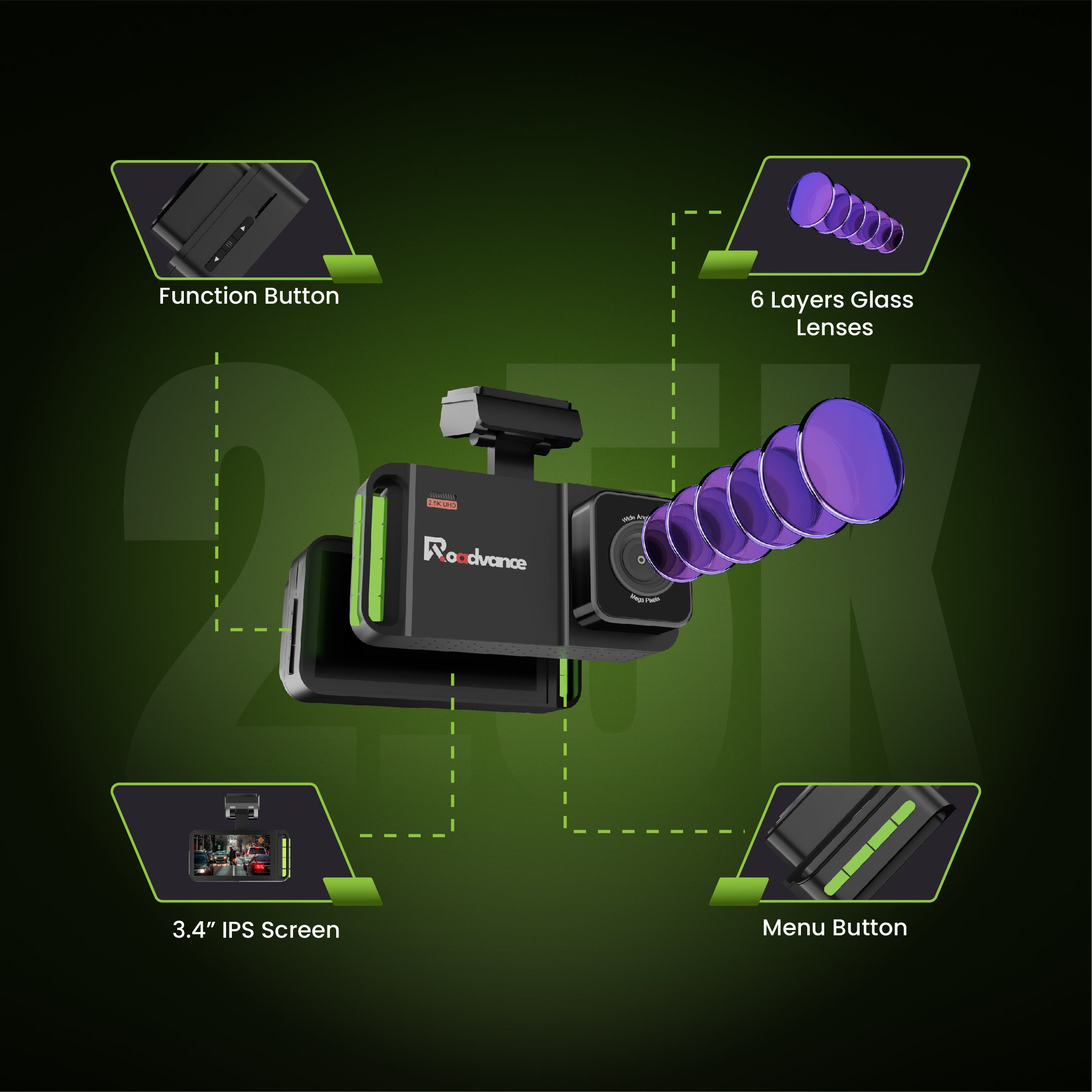 Pre-book Roadvance S-003 2.5K Dual Channel Dashcam | Front & Rear Recording | Wide Angle Lens | Loop Recording | Night Vision | G-Sensor | Free Hardwirekit