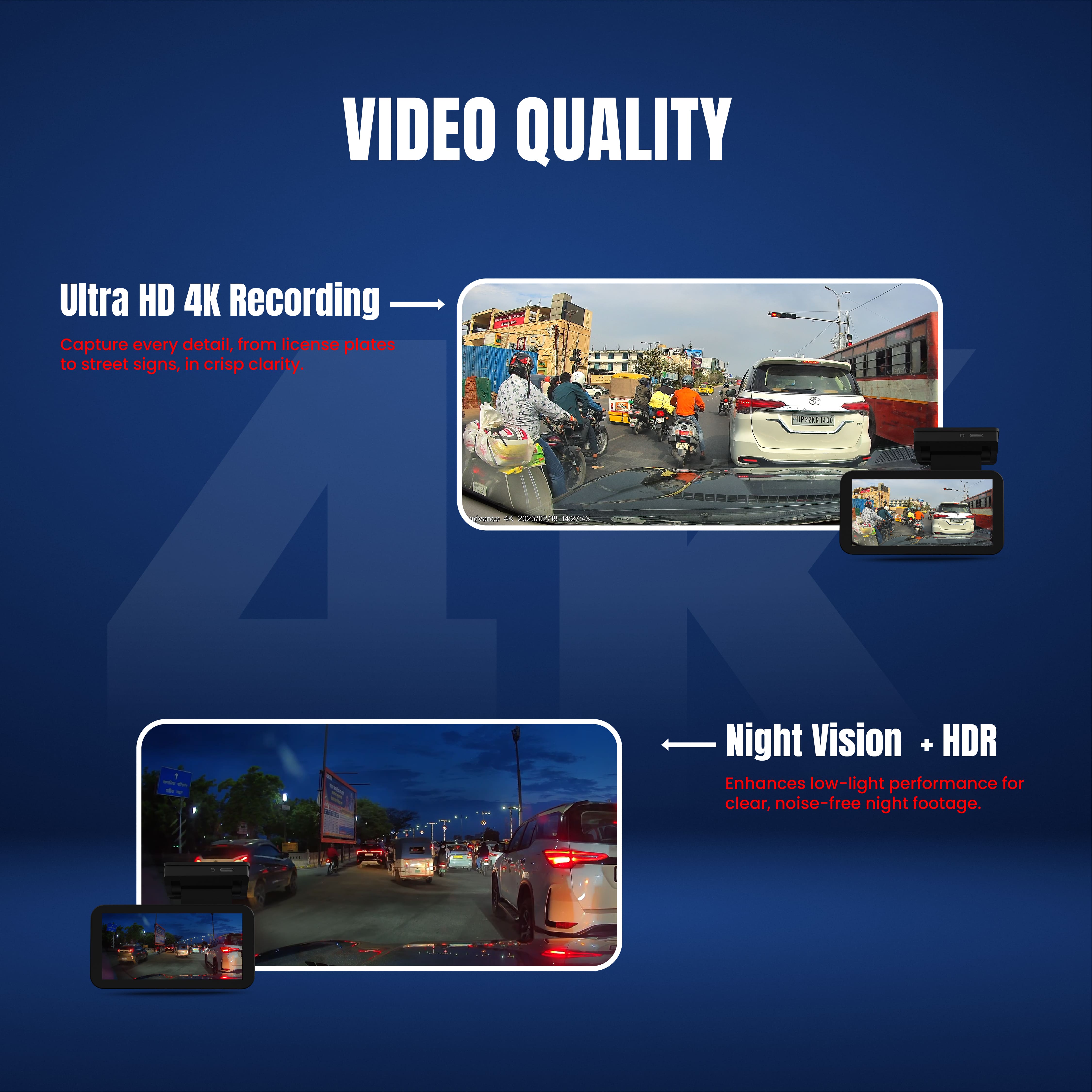 DashCam 4K Front and Rear 1080P, Sony STARVIS Sensor, WDR, Super Capacitor, Built-in WiFi, External GPS(max accuracy), Dual Dash Camera for Cars with Hardwire kit, Loop Recording, Night Vision, Parking Mode, Smart App Control