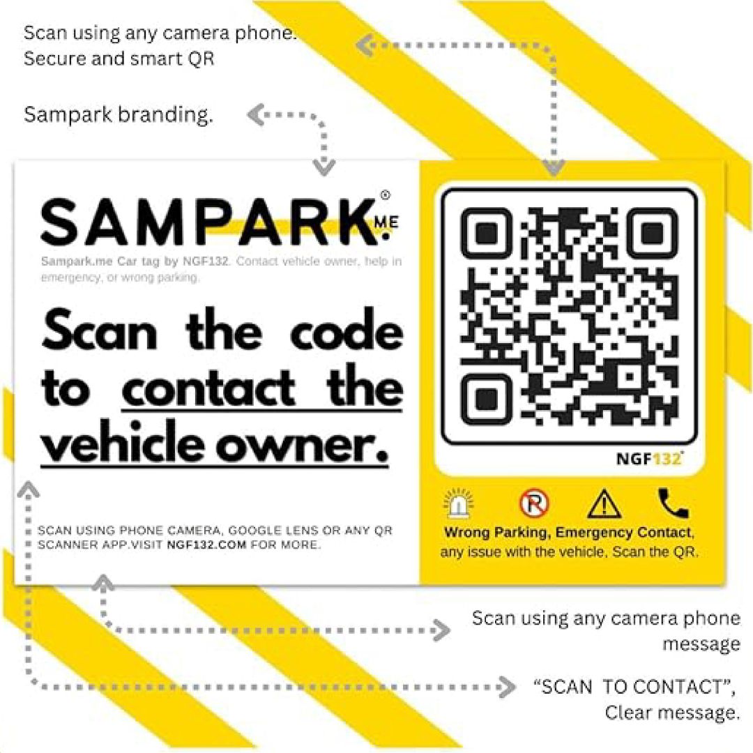 Sampark.Me (NGF132) – CAR Parking Tag ,Receive car updates via SMS, WhatsApp, Phone Call, Video Call, or GPS – with lifetime validity.