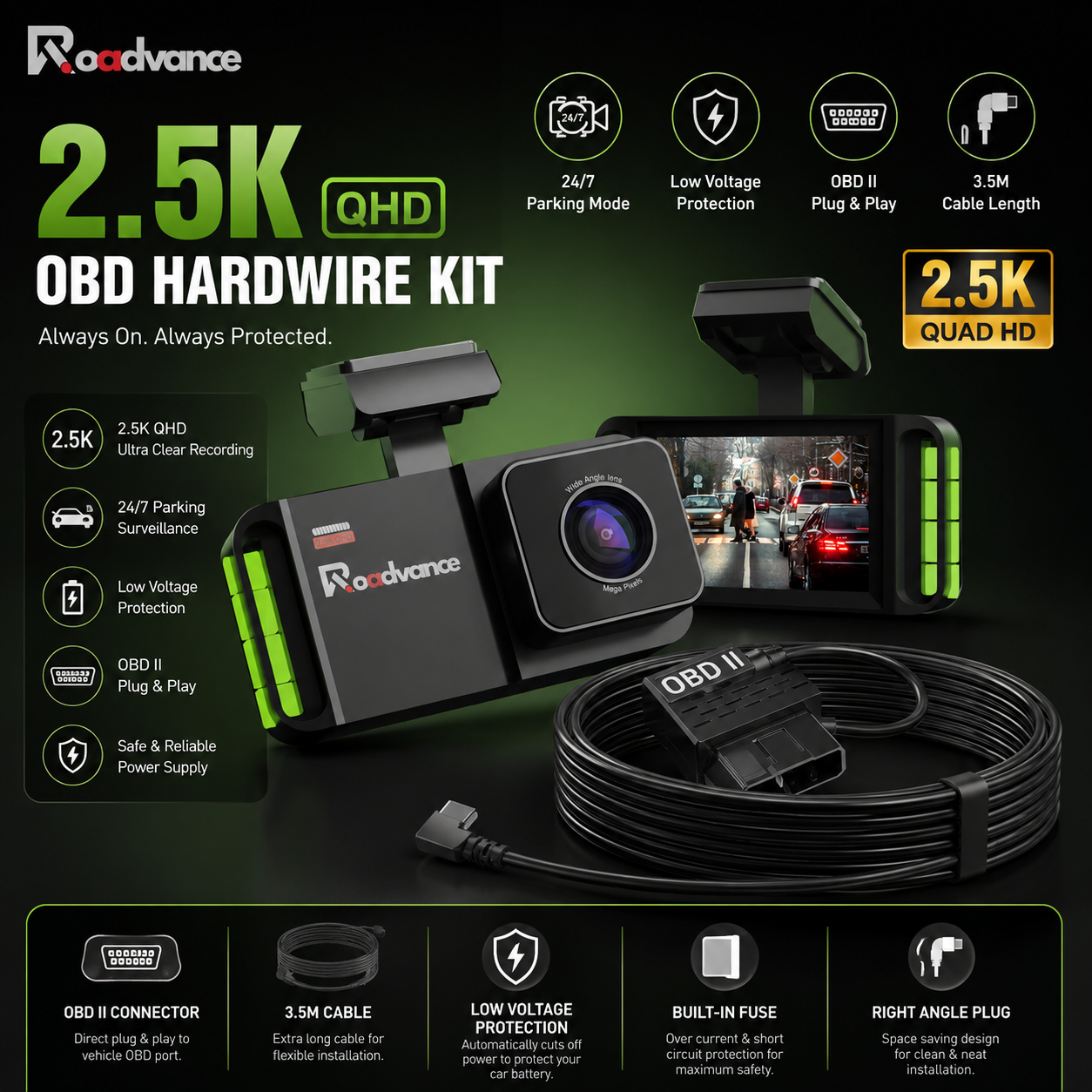 Roadadvance 2.5K QHD OBD hardwire kit with camera and cable on a dark background