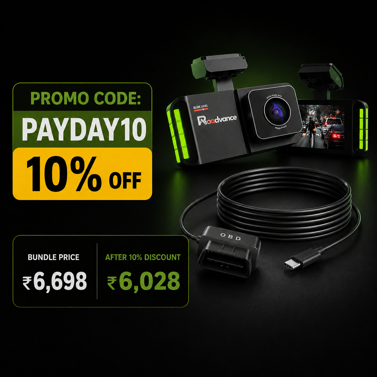 Car dashboard camera with OBD cable and discount promotion on a dark background