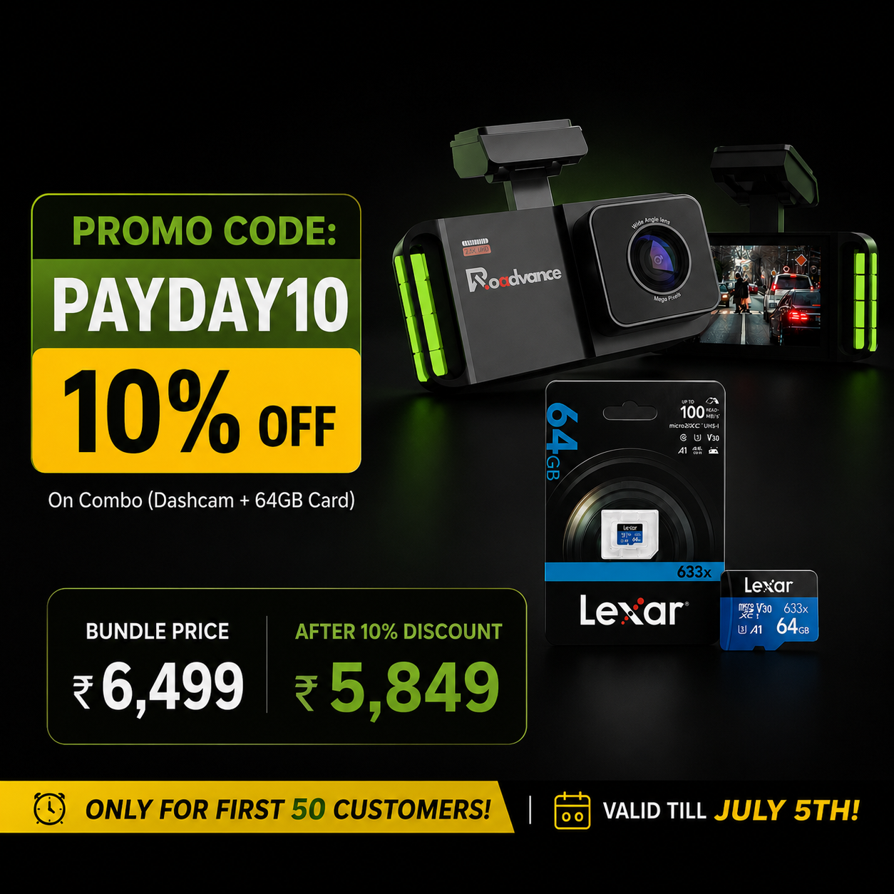 Promotional offer for a dashcam and Lexar 64GB card with discount details on a dark background.