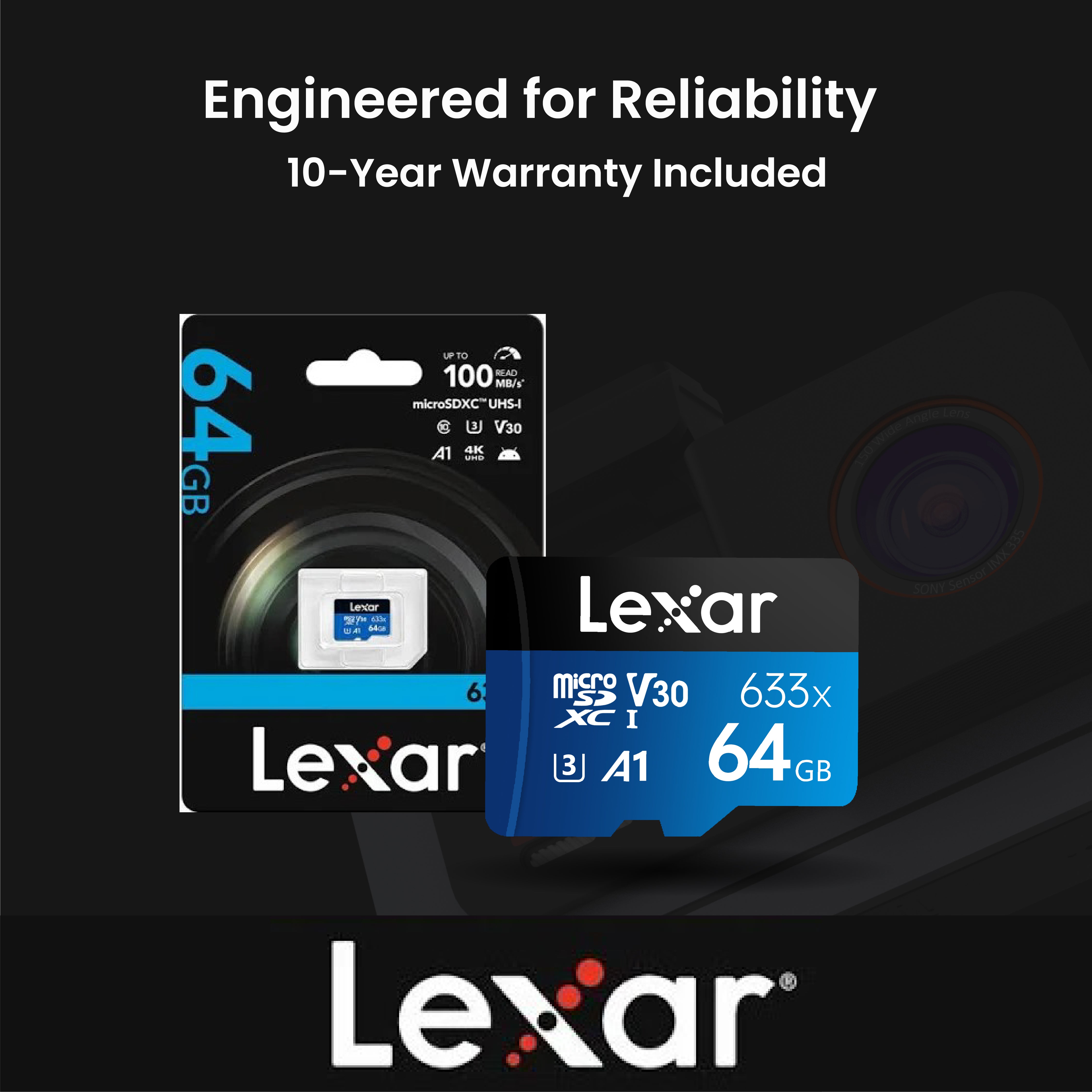 Lexar 64gb High-Performance 633x UHS-I microSDXC Memory Card With Dual Dashcam +Hardwire kit+ Parking Tag