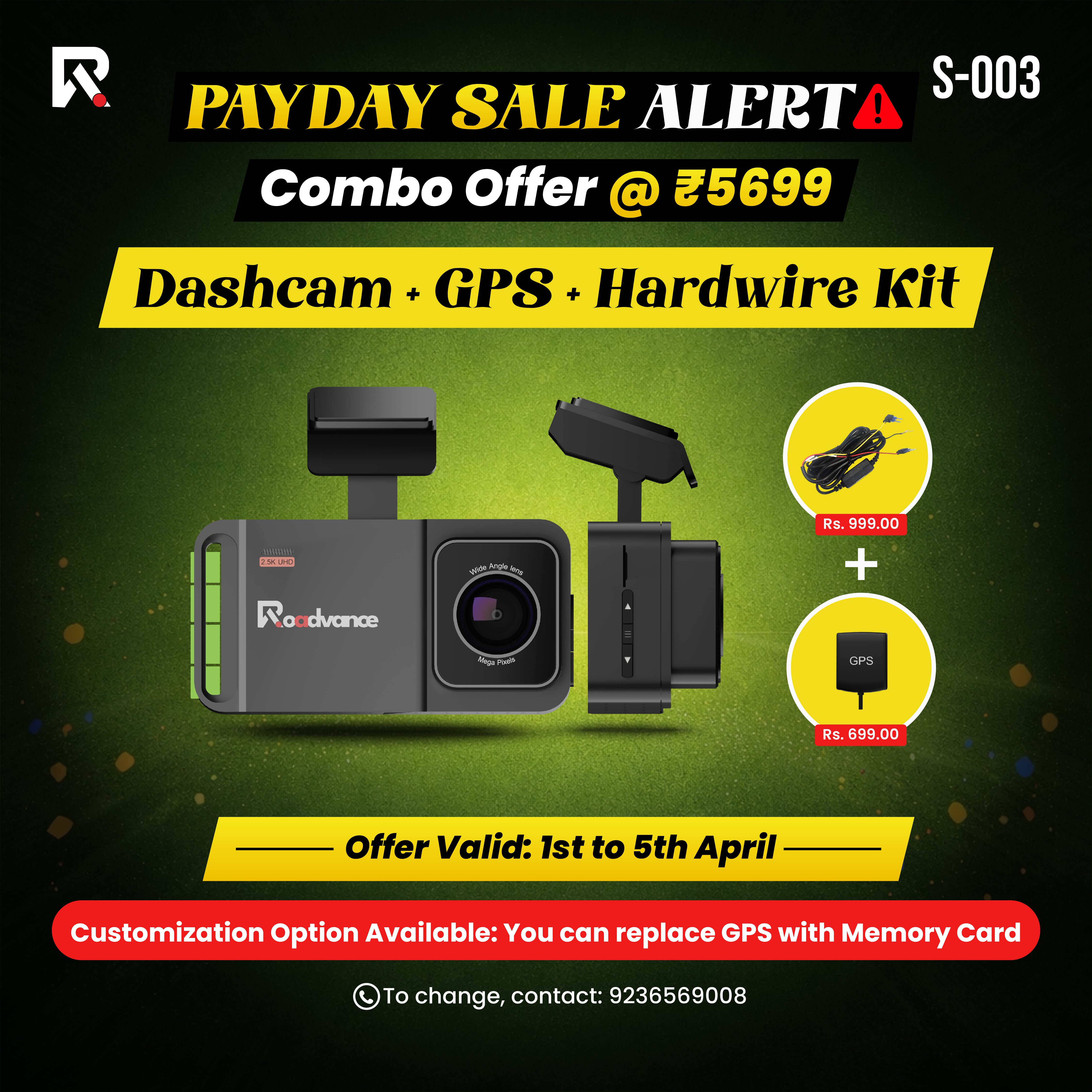 Payday SALE Roadvance S-003 2.5K Dual Channel Dashcam | Front & Rear Recording | Wide Angle Lens | Loop Recording | Night Vision | G-Sensor Free Hardwirekit & External GPS