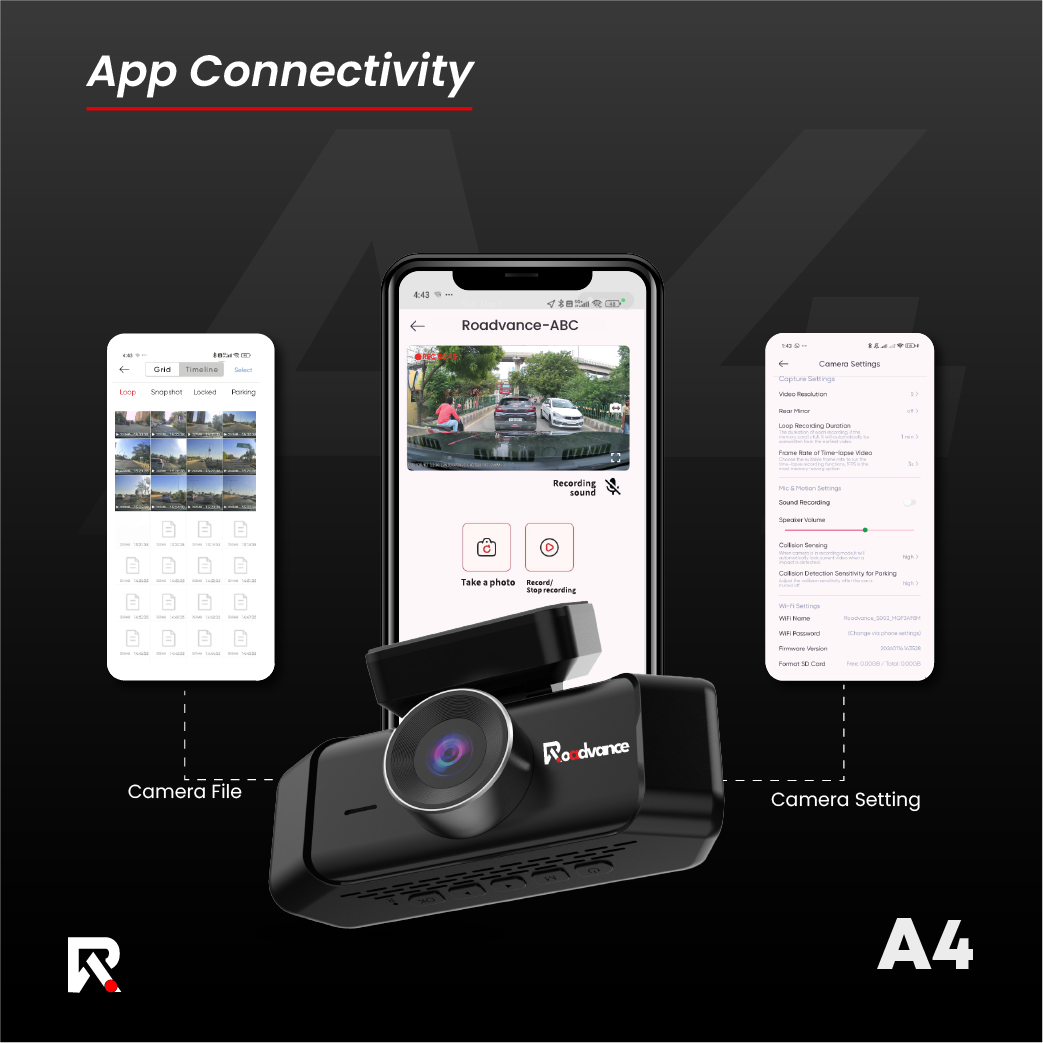Roadvance A4 dashcam Roadvance app connectivity