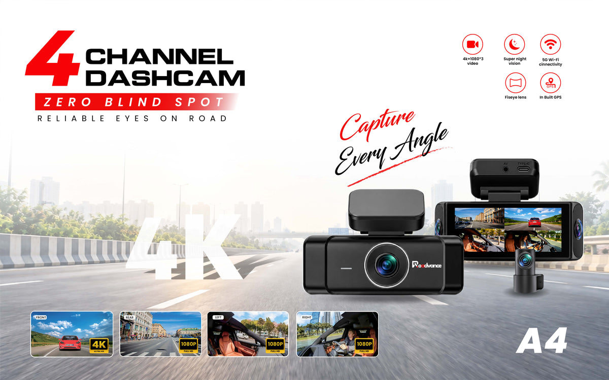 Roadvance A4 4-channel 4K dashcam with zero blind spot recording