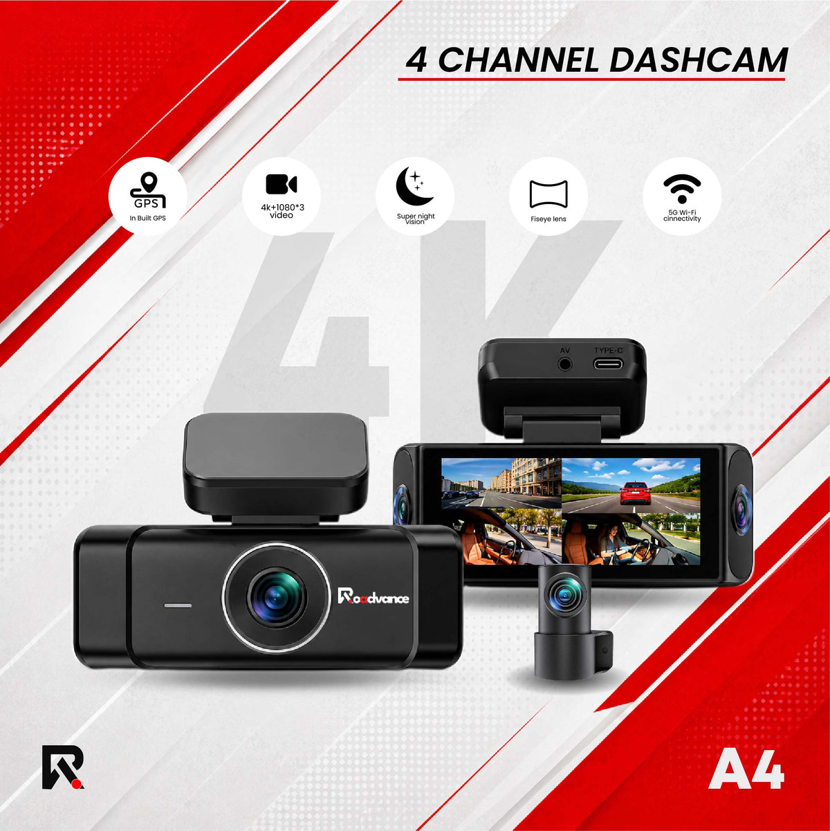 Roadvance A4 4 channel 4K dashcam with screen and rear camera