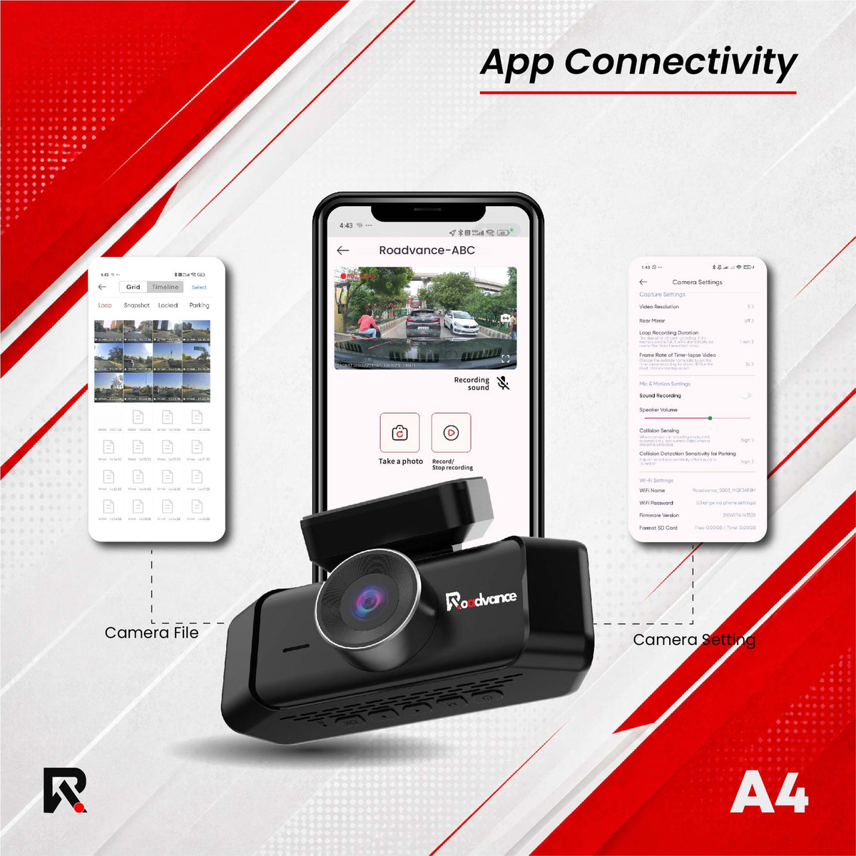 Roadvance A4 dashcam Roadvance app connectivity