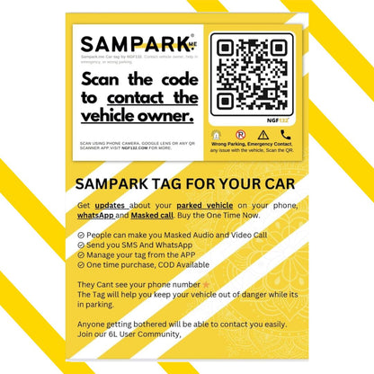 Sampark.Me (NGF132) – CAR Parking Tag ,Receive car updates via SMS, WhatsApp, Phone Call, Video Call, or GPS – with lifetime validity.