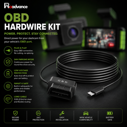 Roadance OBD hardware kit with features listed on a dark background