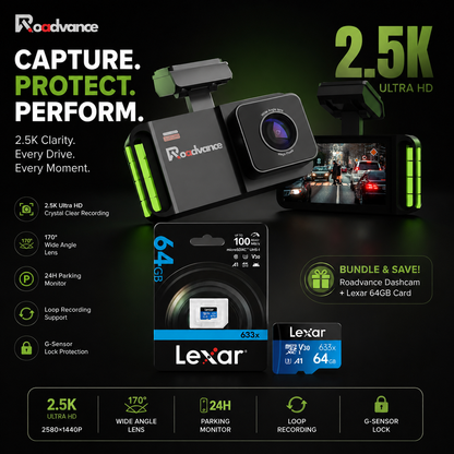 Roadadvance dashcam with 2.5K Ultra HD resolution and Lexar 64GB card on a dark background