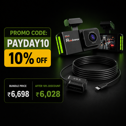 Car dashboard camera with OBD cable and discount promotion on a dark background